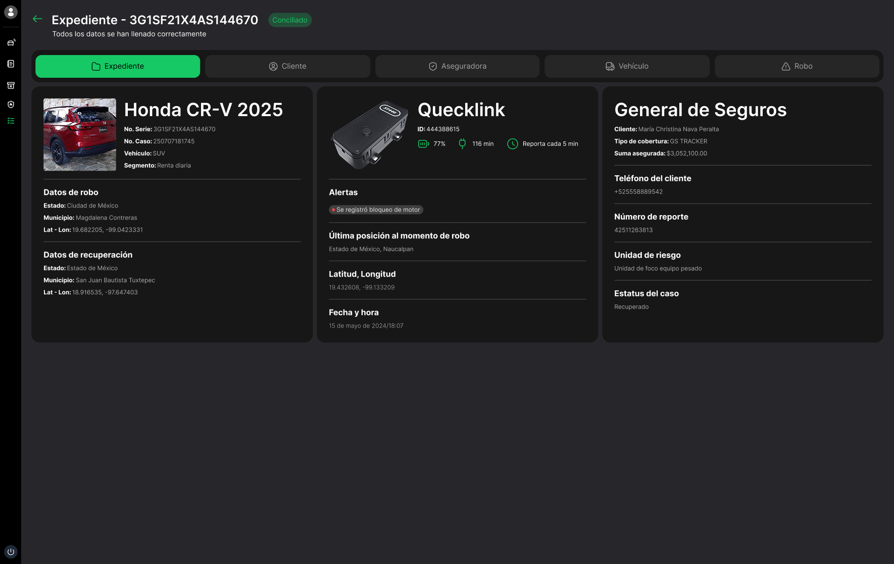 Case file, fully reconciled — vehicle, device and insurer side by side.