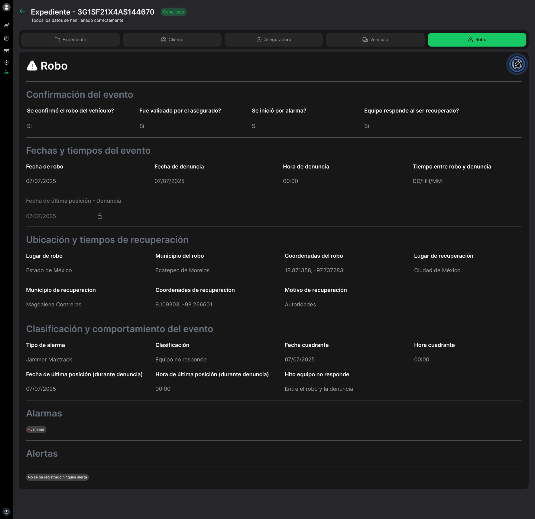 Theft tab in read mode — the longest form in the module.