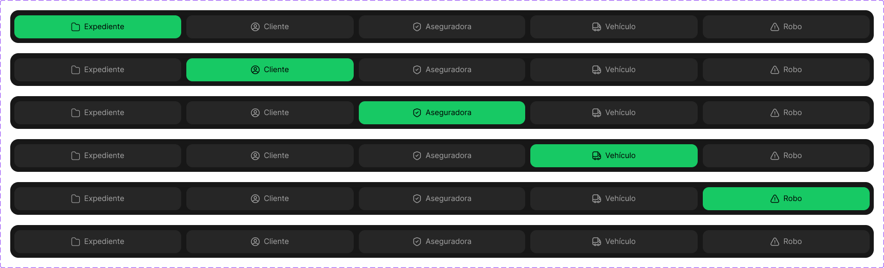Case file tab bar — Expediente, Cliente, Aseguradora, Vehículo, Robo.