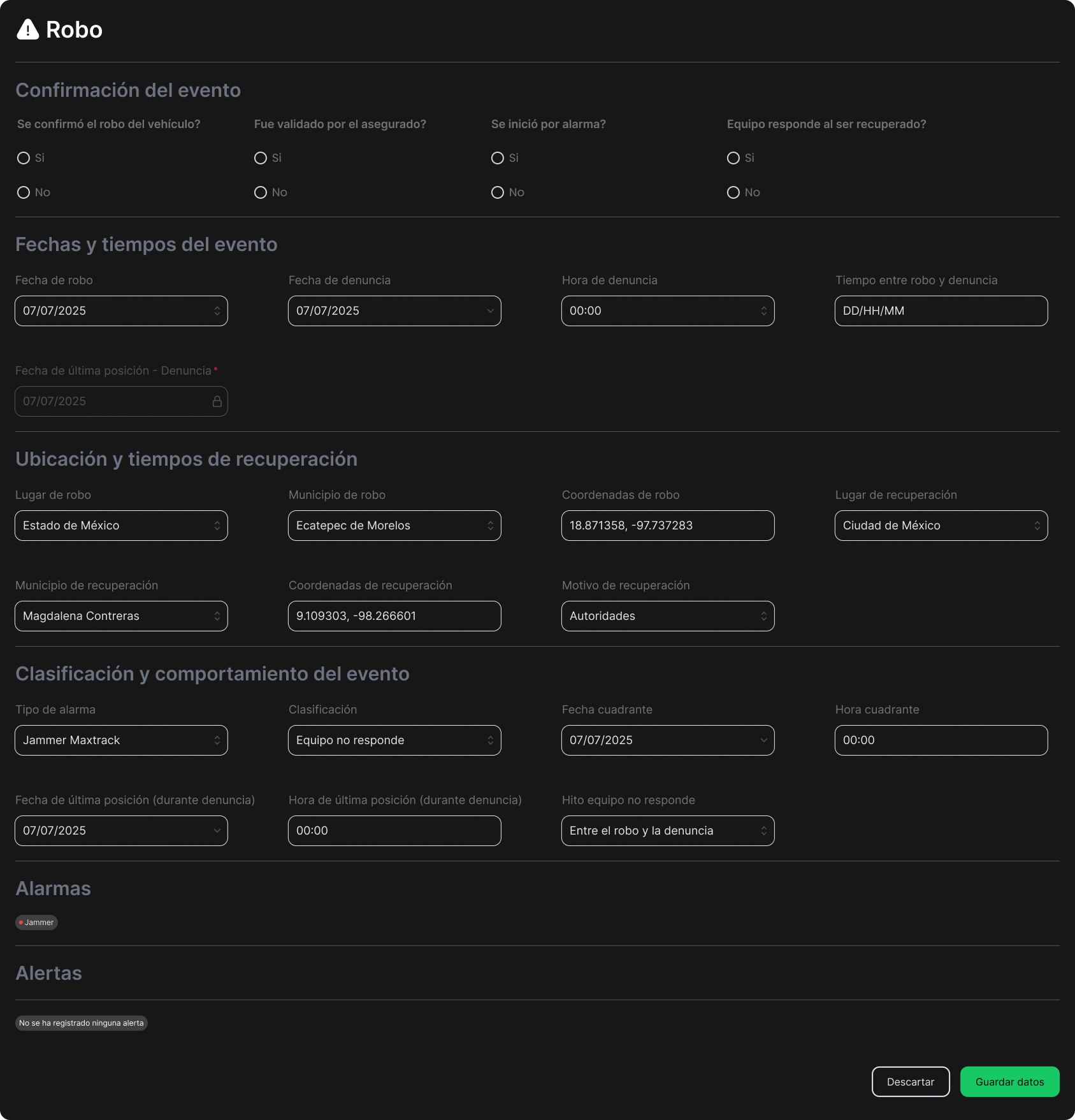 Theft form, edit mode — full field set.