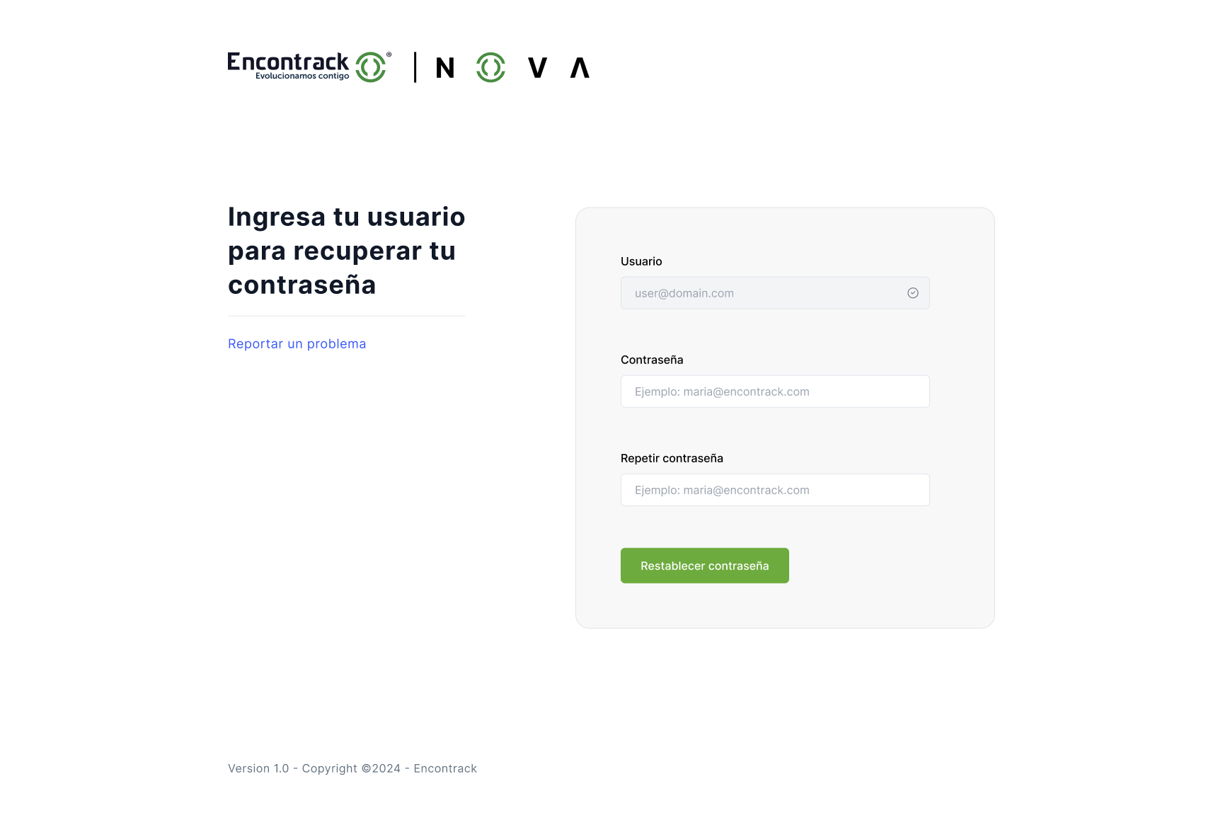 Password recovery, with inline validation on both fields.