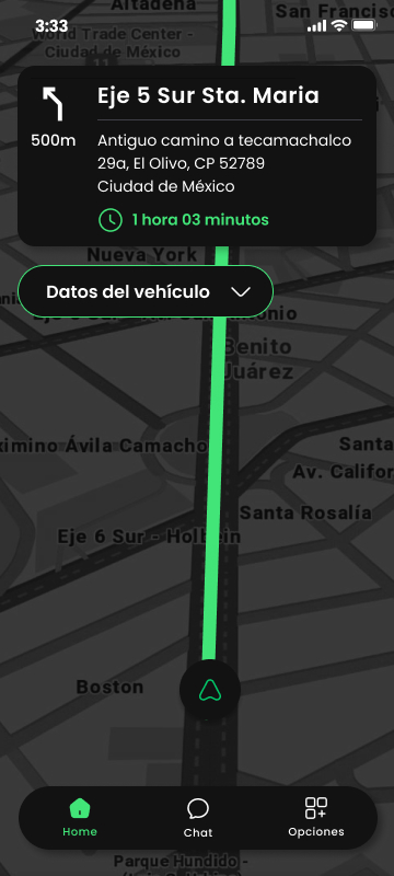 En route, with turn-by-turn guidance over the tracked path.